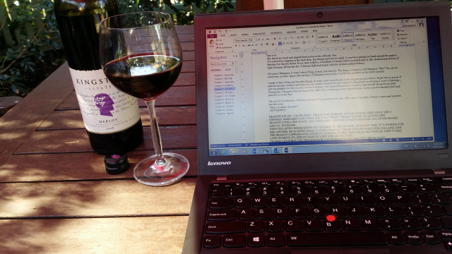 Writing outdoors with a nice 2008 bottle of Merlot with little crystals at the bottom because it's so awesome.